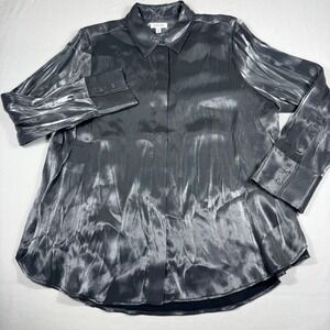 Nordstrom Metallic Silver Button Up Blouse XXL Silver Long Sleeve Hidden Placket